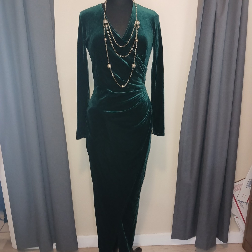 SEXY ELEGANT Velvet Emerald Green Long Sleeve Ruched Wrap Formal Maxi Dress